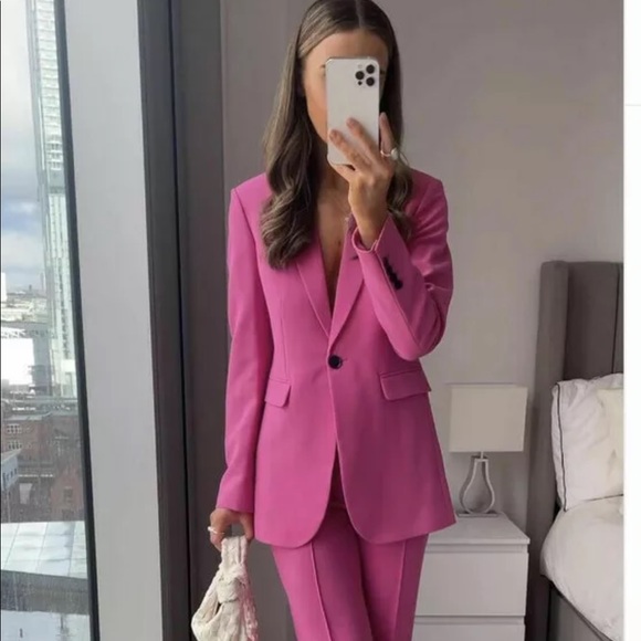 OVERSIZED FULL CUT BLAZER Shoulder Pads Flap Pockets BUTTONS PINK NEW - Picture 1 of 14